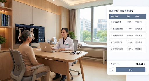A modern, pristine medical consulting room in an advanced Chinese tertiary hospital with soft natural light, warm wooden accents, ergonomic seating, and high-tech diagnostic screens displaying clear anatomical visualizations in a serene clinical setting.