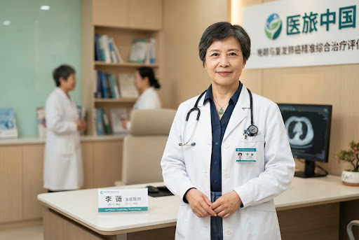 A portrait of a senior Chinese chief thoracic oncologist in a pristine white coat with stethoscope, clinical hospital setting with subtle jade accents and warm professional lighting, photorealistic and dignified