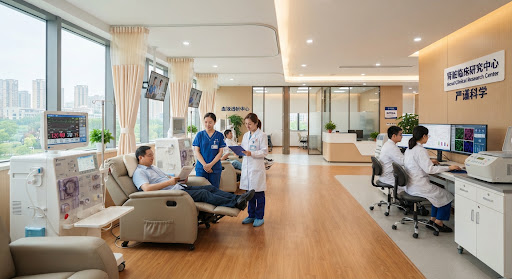 Advanced medical facility showing clean modern hemodialysis unit and renal clinical research center with high precision medical monitors and peaceful clinical surroundings.