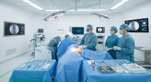 Advanced orthopedic surgery theater showing robotic surgical arm and orthopedic implants with sterile clinical lighting in a top tier grade 3A hospital, soft jade accents.