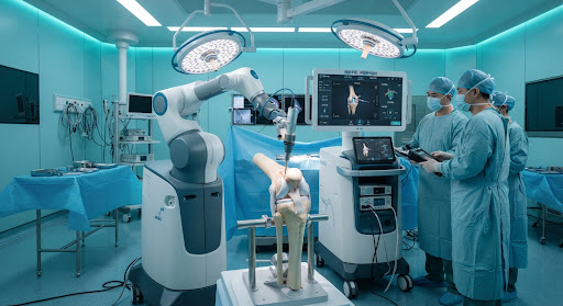 Advanced robotic orthopedic surgery system like orthopedic surgical robot working in an ultra-clean operating suite, robotic arm positioning high-precision surgical instruments on joint model, cool cyan and surgical steel tones.