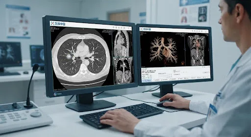 High-precision digital clinical radiological workstation monitor rendering authentic DICOM data slices of a high-resolution chest CT scan showing intricate vascular architecture, crisp pulmonary nodule margins, and multiplanar volumetric reconstruction under professional 10-bit grayscale medical display in a hospital radiology suite.