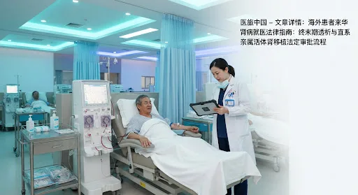 A clean, state-of-the-art Chinese Grade 3A hemodialysis purification suite with comfortable ergonomic patient beds, advanced high-flux dialysis machines, calm cyan and clinical blue ambient lighting, a nephrology specialist reviewing vitals on a medical tablet with strict sterile conditions.