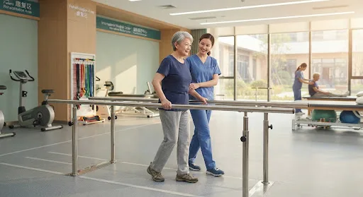 A dedicated modern rehabilitation gym within an international medical department of a hospital, an elderly patient supported by a physical therapist practicing walking with parallel bars, gentle sunlight streaming into the spacious clinical recovery room, professional and warm atmosphere.