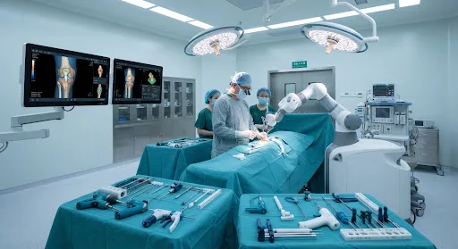 A clean, state-of-the-art orthopedic operating room in a Grade 3A Chinese hospital, featuring surgical robots, dual monitors displaying precise 3D knee joint navigation, sterile teal surgical drapes, soft overhead clinical lighting, and high-precision instruments in shades of deep cyan and calm white.
