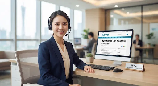 Warm and professional female international patient coordinator wearing a headset, in a bright modern medical office in Guangzhou, smiling reassuringly, representing compassionate cross-border medical hospitality.