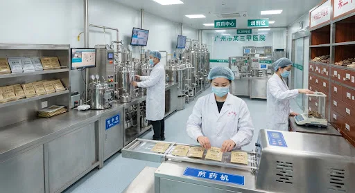 An advanced automated decoction room and standardized Chinese medical pharmacy inside a premier Grade-3A hospital in Guangzhou, China. Stainless steel automated brewing vessels, clean pharmaceutical-grade packaging machines, high precision weighing scale, professional pharmacists in white coats ensuring sterile distribution.