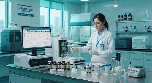 Modern high-tech clinical pharmacokinetics laboratory inside a Chinese Grade-3A hospital, where traditional Chinese herbal ingredients are analyzed via high-performance liquid chromatography alongside modern targeted oncology drugs. Calm clinical teal and cyan lighting, sterile environment, clean scientific glassware, highly detailed medical research atmosphere.