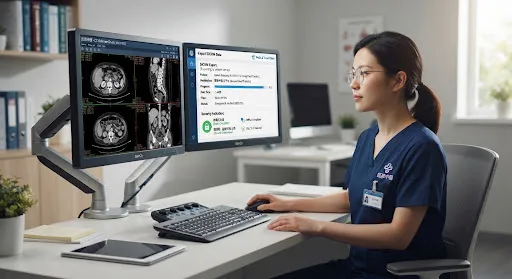 Radiologist workstation showing high resolution CT DICOM file export interface on dual calibrated medical monitors, data transfer security indicators
