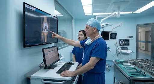Orthopedic surgeon reviewing digital 3D knee replacement implant model in a high-tech hospital lab, precision surgical instruments, cool surgical theater lighting