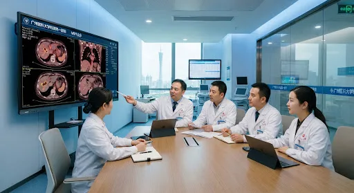 Multidisciplinary medical board consultation room in a modern university hospital in Guangzhou, senior oncologists, radiologists and pathologists discussing PET-CT cross-sectional scans displayed on ultra-high-definition wall-mounted medical screens, professional clinical atmosphere, sterile soft blue lighting