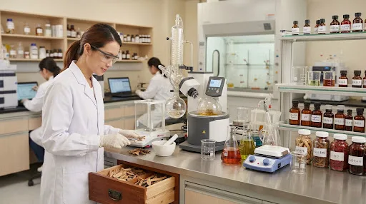 Traditional Chinese herbal medicine laboratory combined with modern scientific extraction equipment, glass beakers, dried medicinal roots, sterile laboratory setup