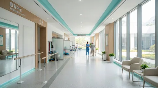 High quality clinical photo of modern orthopedics center building with patient rehabilitation corridors and sterile clean environment, architectural photography with calm teal lighting.