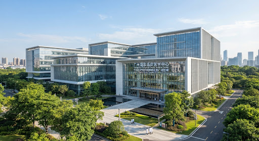 Modern architectural exterior of a state-of-the-art national cancer medical center in Guangzhou, sunny day, clinical glass facade with green surrounding trees, dignified corporate healthcare aesthetic