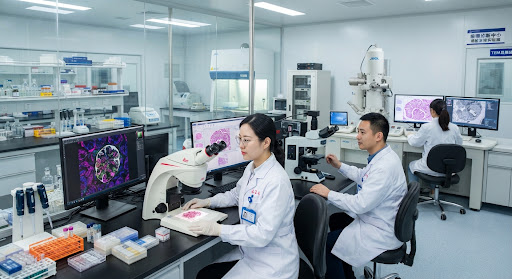 Modern clinical pathology laboratory with high-resolution electron microscope, fluorescence imaging stations, and medical specialists examining kidney biopsy slides in clean room lighting