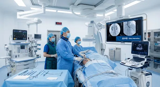Modern hybrid vascular intervention surgical theater with ceiling-mounted DSA imaging screens, ultrasound guidance instruments, and vascular surgeons performing catheterization