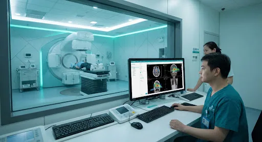Modern oncology linear accelerator radiation therapy bunker and medical imaging screen displaying precise targeting in high-tech hospital environment, crisp professional clinical teal tones.