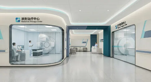 Modern oncology medical center with cutting edge linear accelerator radiation therapy suite and high technology diagnostic imaging center, sterile clean atmosphere with deep cyan and slate blue branding.