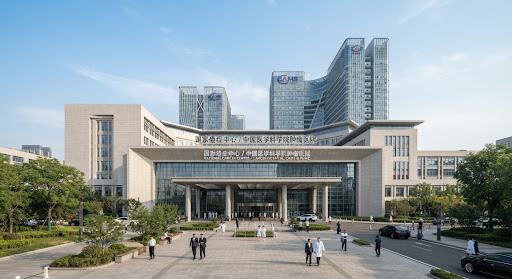 Prestigious academic medical campus exterior of a national cancer institute in Beijing, majestic clinical entrance with research towers in background, clear sky, highly trustworthy atmosphere