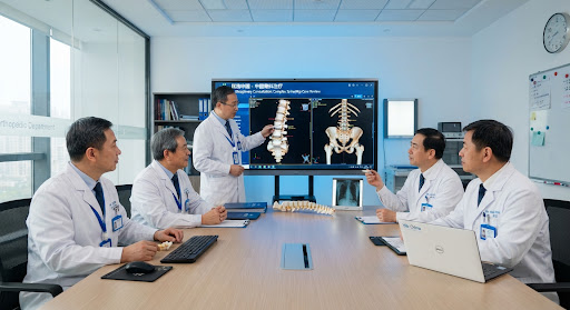 Senior Chinese orthopedic chief surgeons in a bright modern multidisciplinary consultation room examining 3D digital spine and hip CT reconstructions on high-definition clinical monitors with blue ambient medical glow and clean minimalist aesthetics.