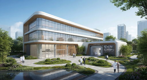 Sleek high-tech clinical oncology facility in Shanghai, advanced proton therapy and linear accelerator center, serene landscaped gardens, ultra-modern medical architecture