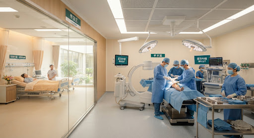 Spacious clean ISO Class 100 laminar airflow operating room and recovery ward in a modern top Chinese general hospital, professional surgical team in protective gear, serene healing atmosphere with warm light accents.