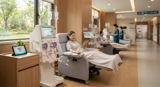 State of the art hemodialysis station with high-precision blood purification units in a quiet clinical nephrology ward, serene lighting with warm wood accents.