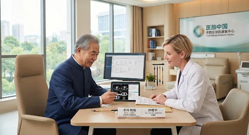 A dignified senior Chinese medicine professor in a clean modern hospital consultation room examining medical imaging and clinical laboratory reports alongside an international medical oncologist, natural clinical lighting with warm sand accents, professional high-end medical travel ambiance, photorealistic, serene atmosphere